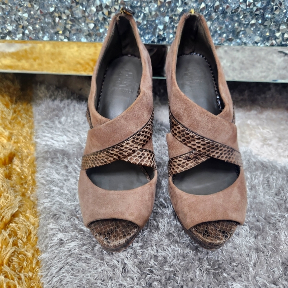 Tory Burch Brown Suede and Snake skin heels